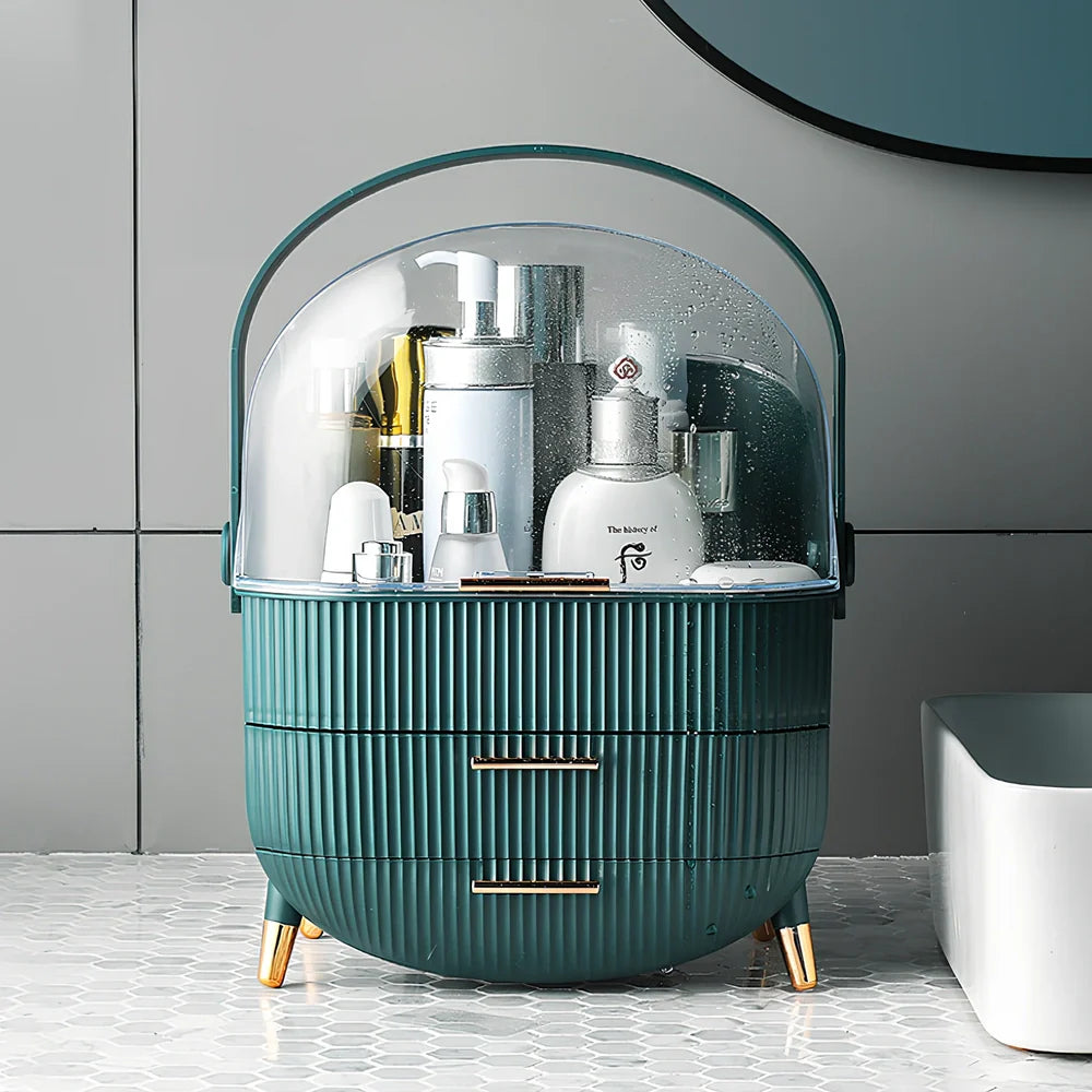 Green cosmetic storage box with cover for skincare product organisation and dust protection