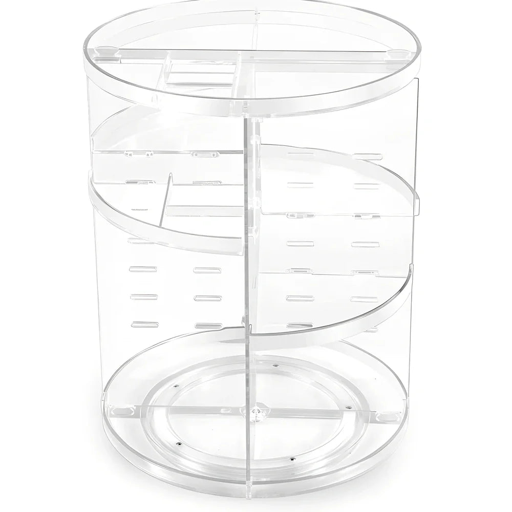 Transparent rotating cosmetics storage rack on table, diamond pattern style, holding skincare bottles, 25cm height