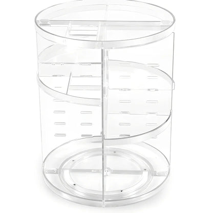 Transparent rotating cosmetics storage rack on table, diamond pattern style, holding skincare bottles, 25cm height