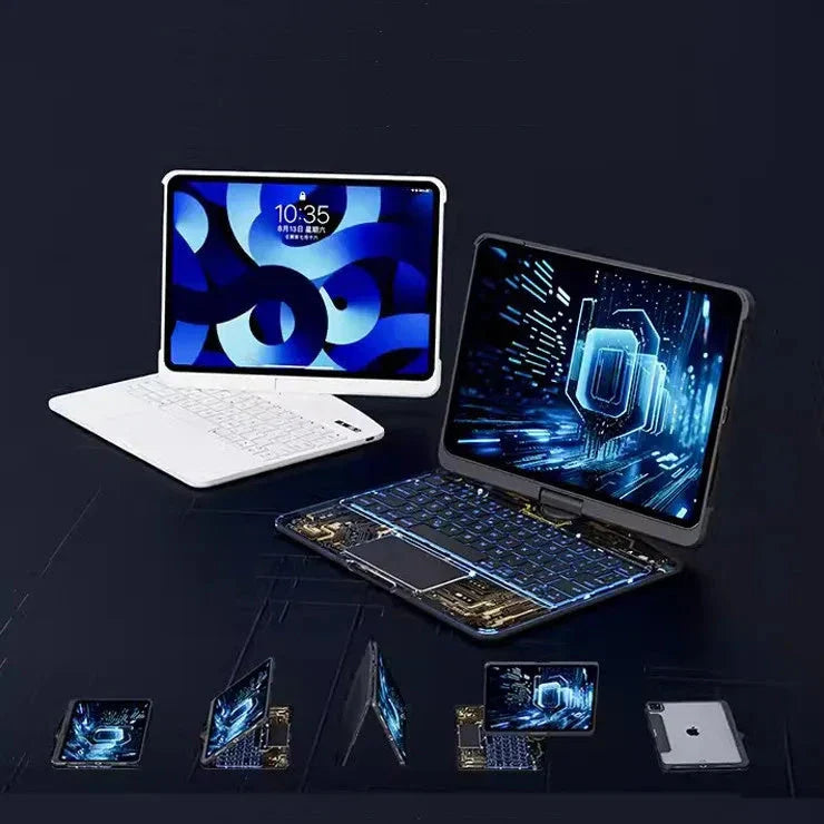 Versatile iPad keyboard case with 360-degree swivel rotation, scissor-style keys, and integrated pen slot for enhanced mobile productivity