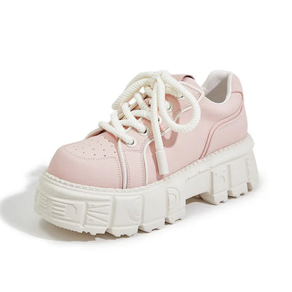 Women's beige and pink full-grain leather casual shoes with a distinctive viscose fabric-covered rubber foam sole.
