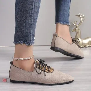 Beige leopard print women's pumps with pointed toe design for plus sizes