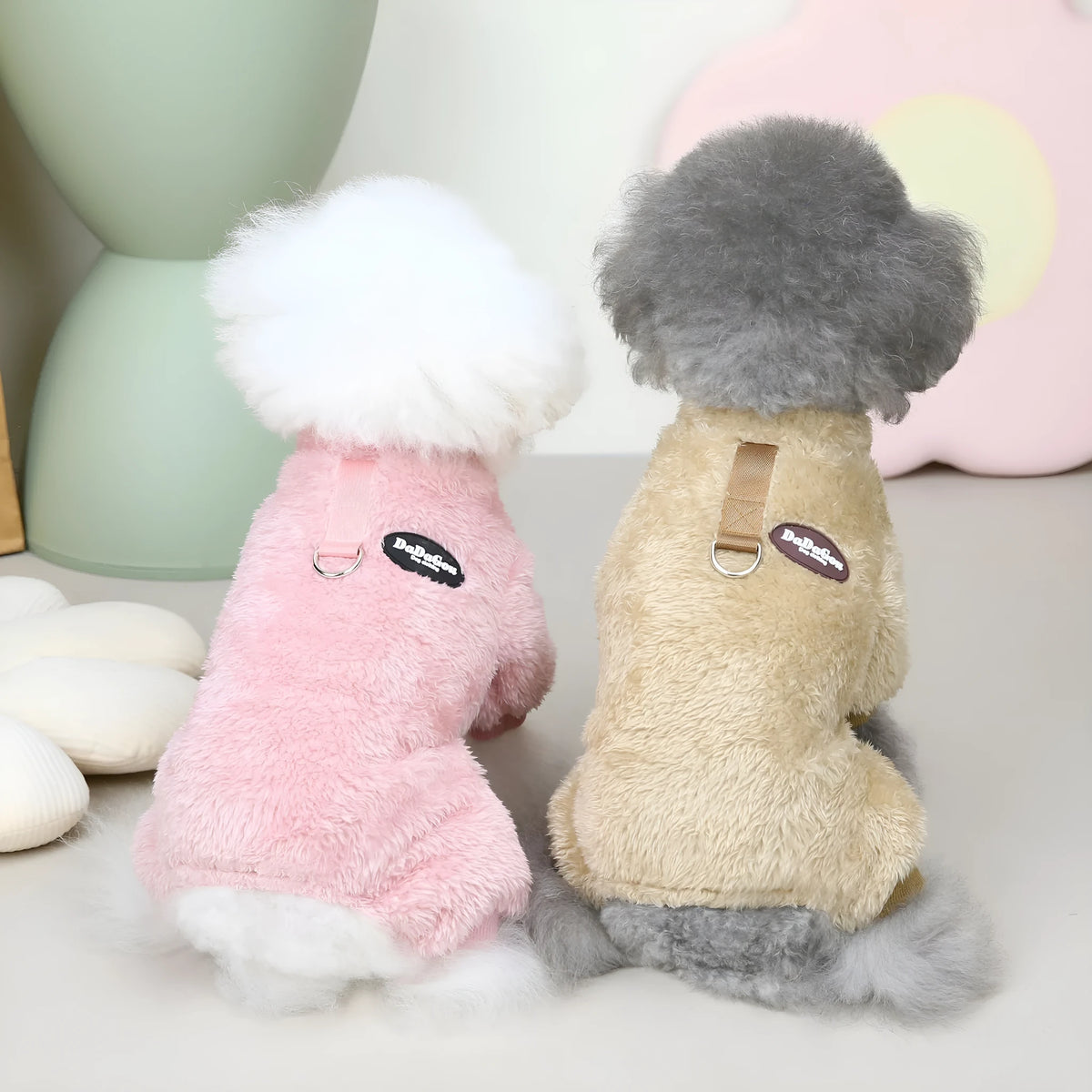 Small dog four-leg coral fleece coat in brown, pink or gray, sizes S to XXL