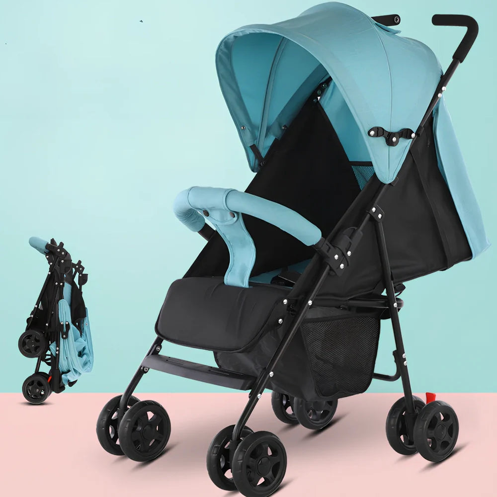 Lightweight baby stroller with carbon steel frame in purple colour showing extended sunshade