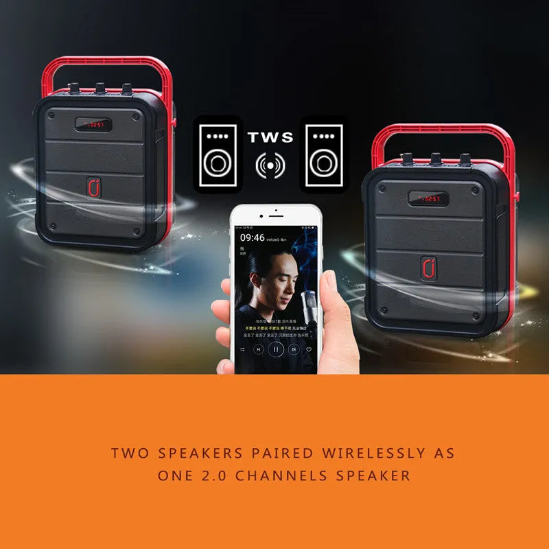 MS62AI portable Bluetooth speaker with wireless microphone on a table, showing control knobs and strap.