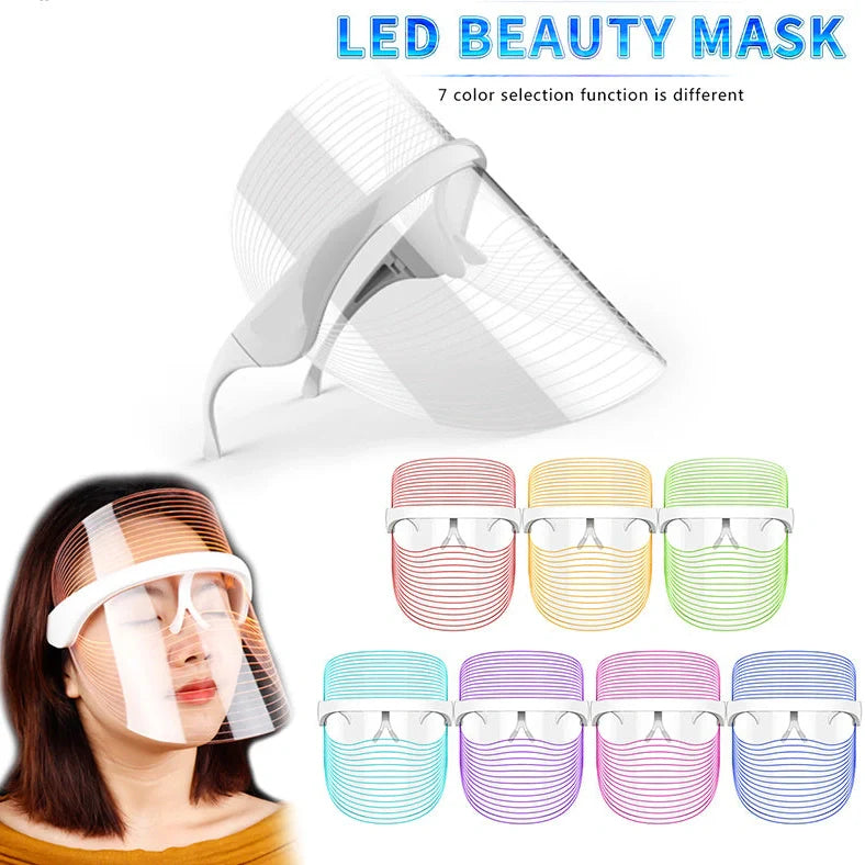 White LED mask measuring 20×17cm for skin light therapy with 7 colours including red, blue, and yellow lights