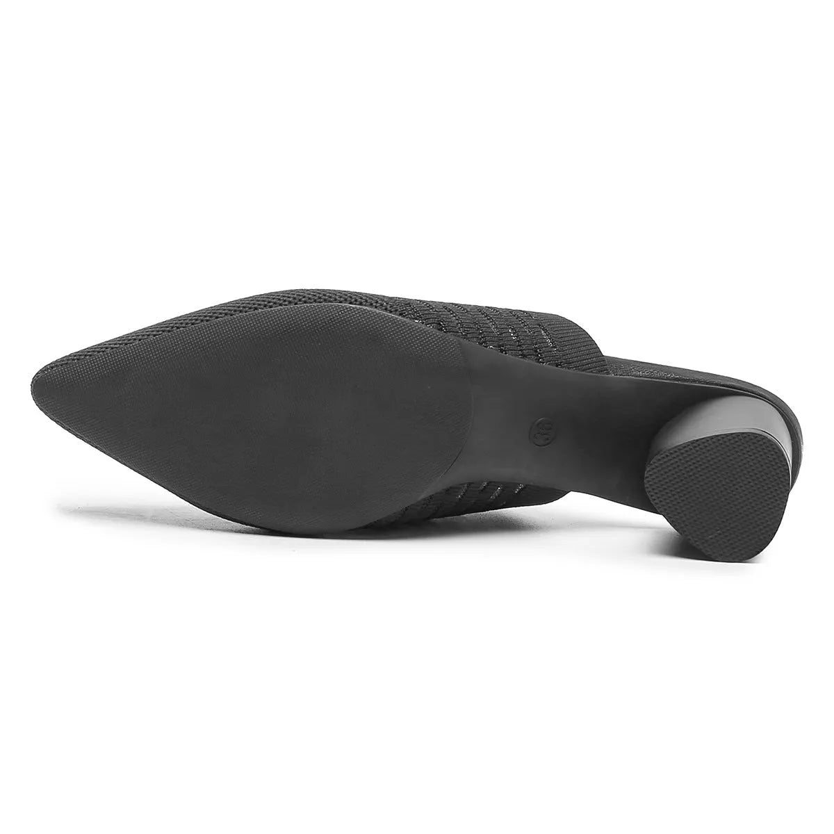 Women's black pointed toe sandals with a fabric upper and a 5cm chunky rubber heel