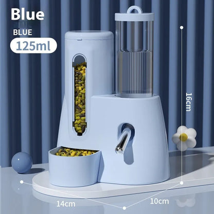 Hamster automatic drinking water feeder with attached food basin in blue colour
