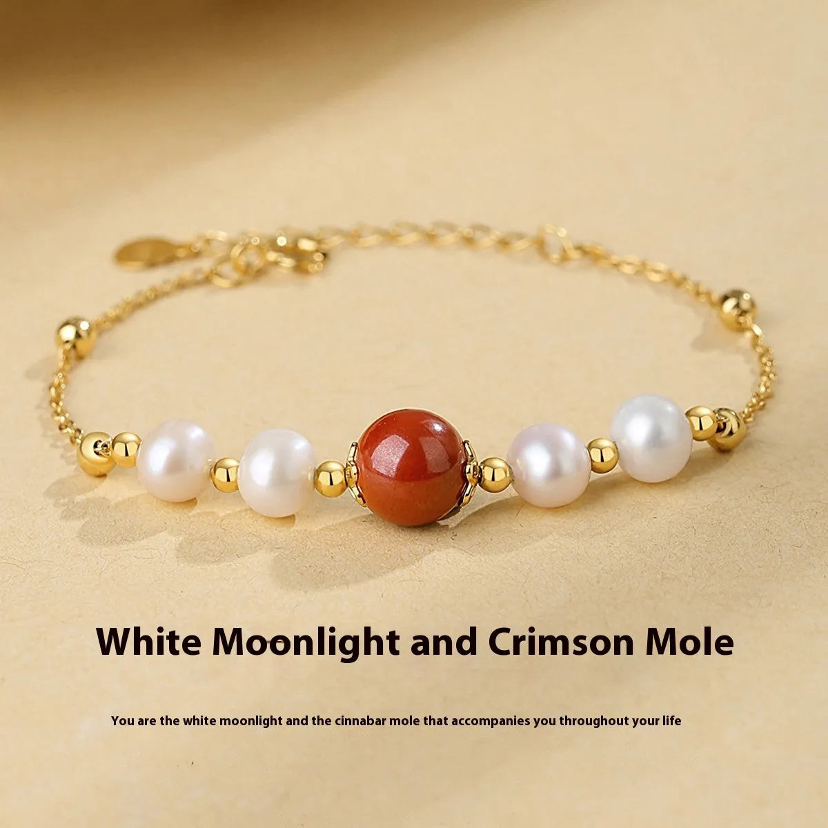 Yellow retro bracelet with red bean pearls and cinnabar on 925 silver with free size adjustment