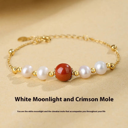 Yellow retro bracelet with red bean pearls and cinnabar on 925 silver with free size adjustment