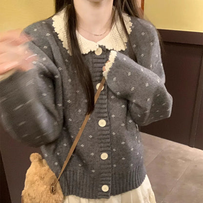 Women's floral pattern knit cardigan with Peter Pan collar in navy blue colour