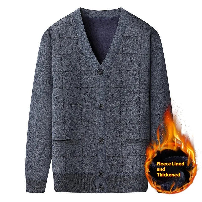 Men's dark grey batwing sleeve cardigan with wool lining shown on a hanger