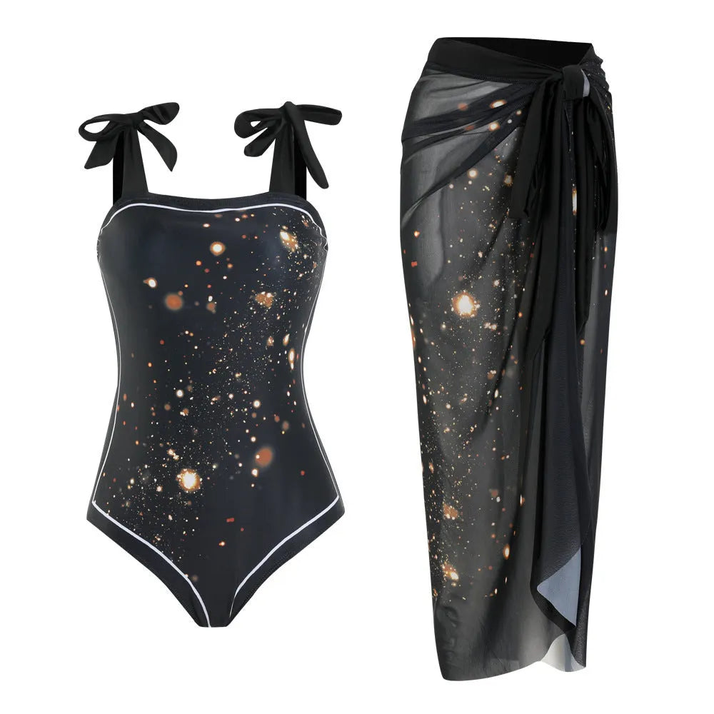 Floral print one-piece swimsuit with separate skirt in polyester fabric for swimming