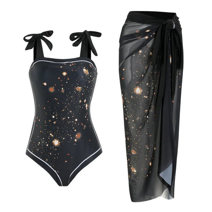 Floral print one-piece swimsuit with separate skirt in polyester fabric for swimming