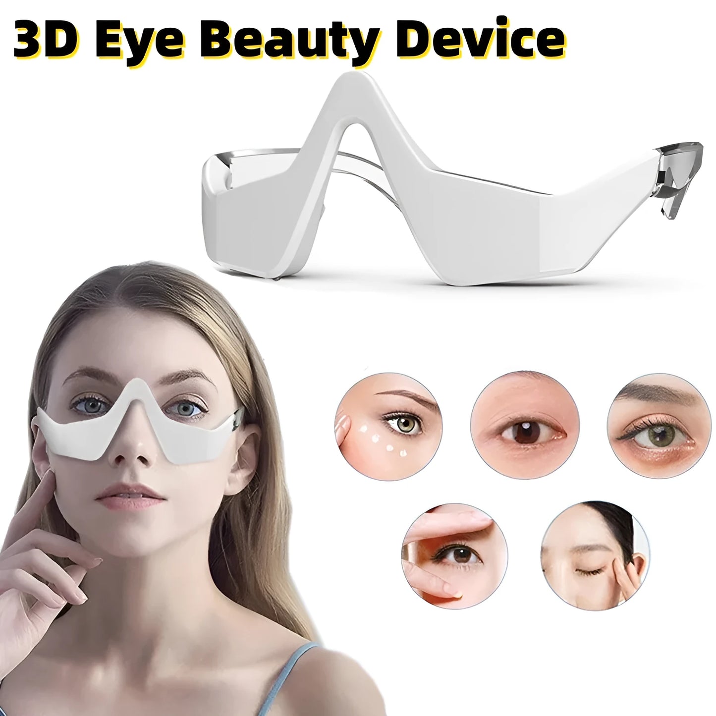 3D Eye Beauty Instrument micro-current massager in pink or white, showing glasses-like design and one-button control for eye relaxation