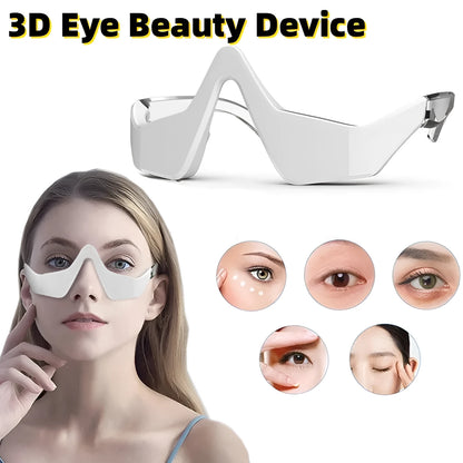 3D Eye Beauty Instrument micro-current massager in pink or white, showing glasses-like design and one-button control for eye relaxation