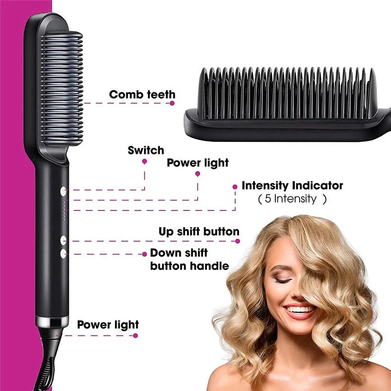 Red 2-in-1 hair straightener and hot comb with tourmaline ceramic plates and digital temperature display