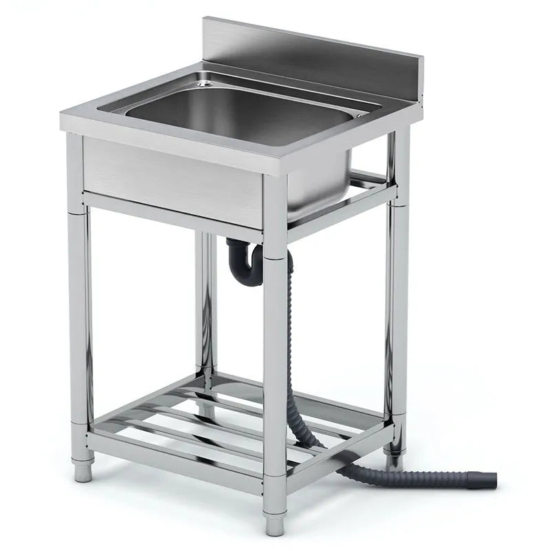 Stainless steel vegetable washing basin with a brushed finish and a deep, single sink design.