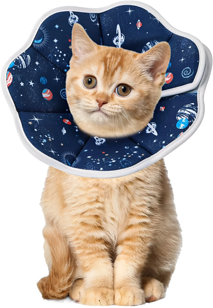 Soft adjustable cat cone collar in constellation pattern showing fastener and soft edging