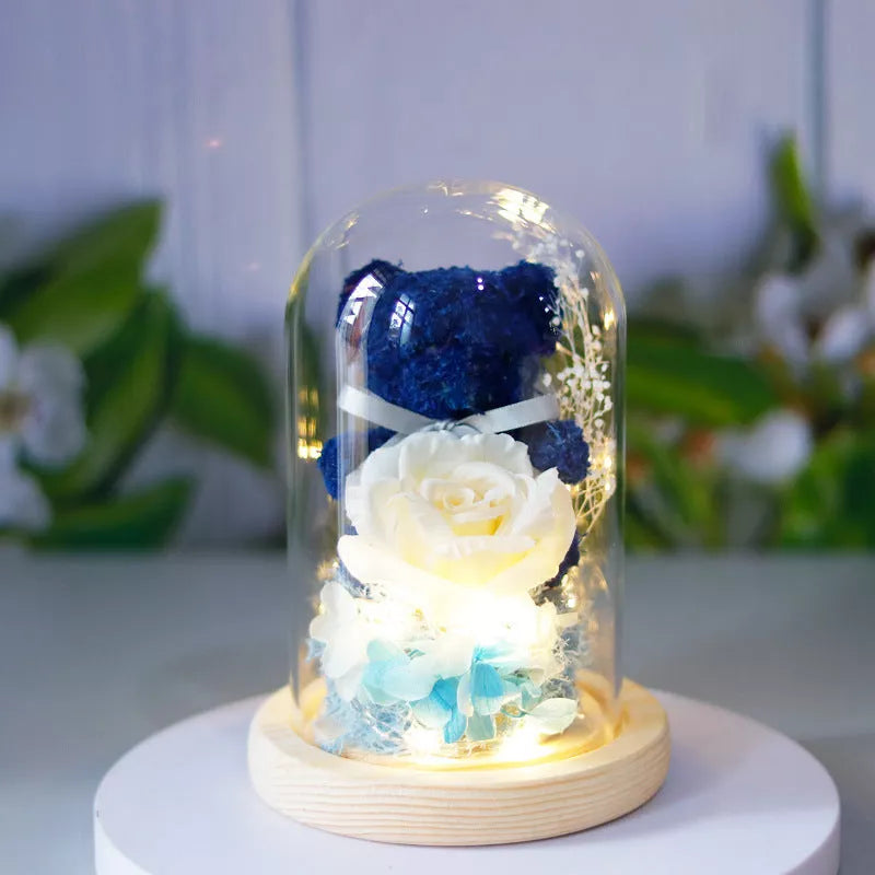 Eternal preserved rose and teddy bear gift box with warm LED lights
