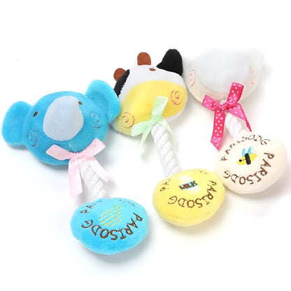 Blue frog plush dog toy with cotton rope elements and squeaker for interactive play
