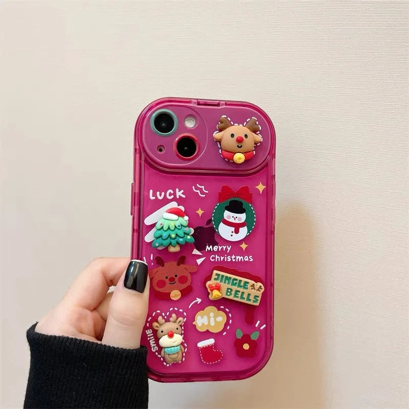 Festive Christmas Santa Claus Elk Hat Pendant Flip Phone Case for iPhone in rose red and green
