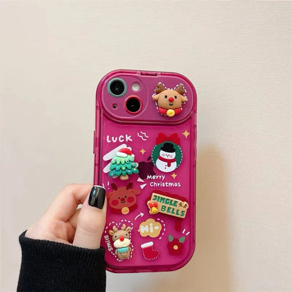 Festive Christmas Santa Claus Elk Hat Pendant Flip Phone Case for iPhone in rose red and green