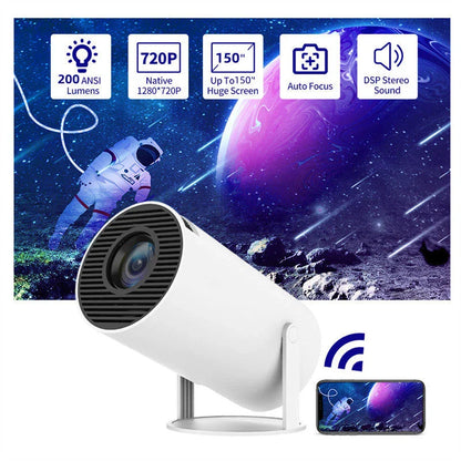 Portable home theater projector with 180-degree rotation, automatic focus, and wireless connectivity for an immersive viewing experience