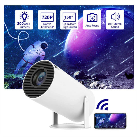 Portable home theater projector with 180-degree rotation, automatic focus, and wireless connectivity for an immersive viewing experience