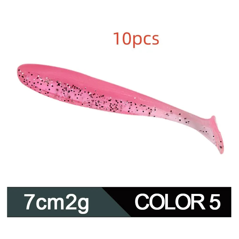 Soft plastic worm lure with a two-tone T tail, shown in one of its 14 colour options.