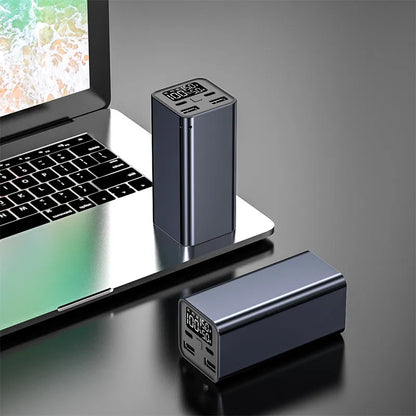 Super Fast Charging Metal Power Bank in black, blue, or grey with 65W output and 20000mAh capacity