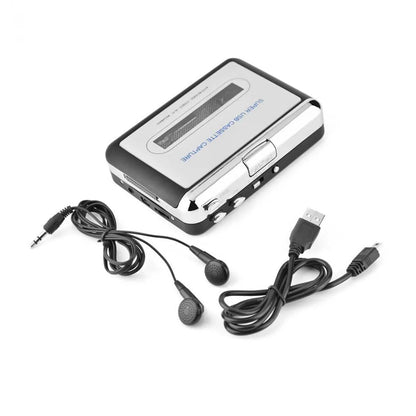 Silver USB cassette tape to MP3 converter unit with USB cable on a white background.