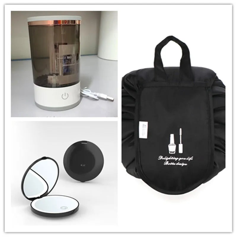 Grey and white portable electric makeup brush cleaner machine with USB charging cable