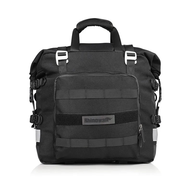 20 litre quick-release motorcycle side bag in army green or black polyester.