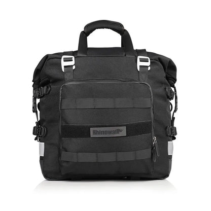 20 litre quick-release motorcycle side bag in army green or black polyester.