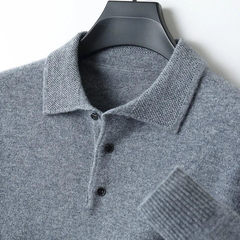Men's woolen polo collar pullover sweater in seven colour options with long sleeves and textured stitching details