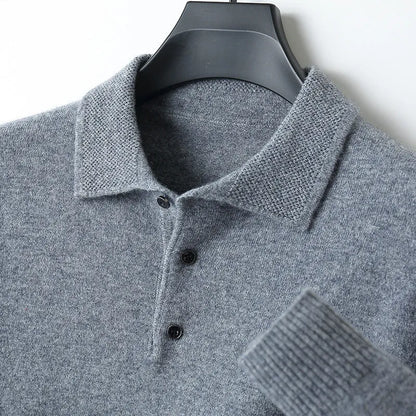 Men's woolen polo collar pullover sweater in seven colour options with long sleeves and textured stitching details