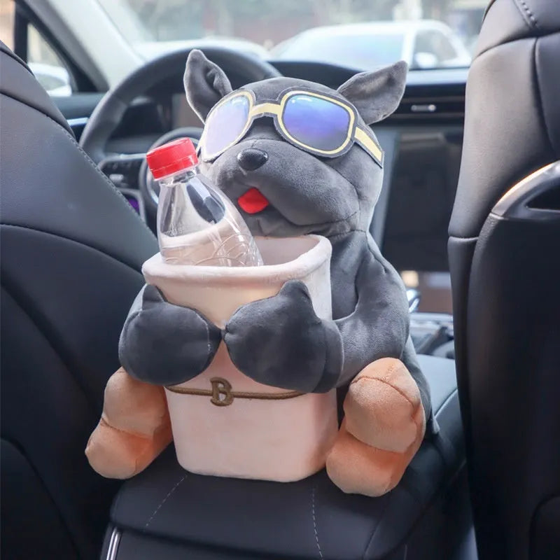 Plush fabric car tissue box organiser hanging from car armrest with flip-top design