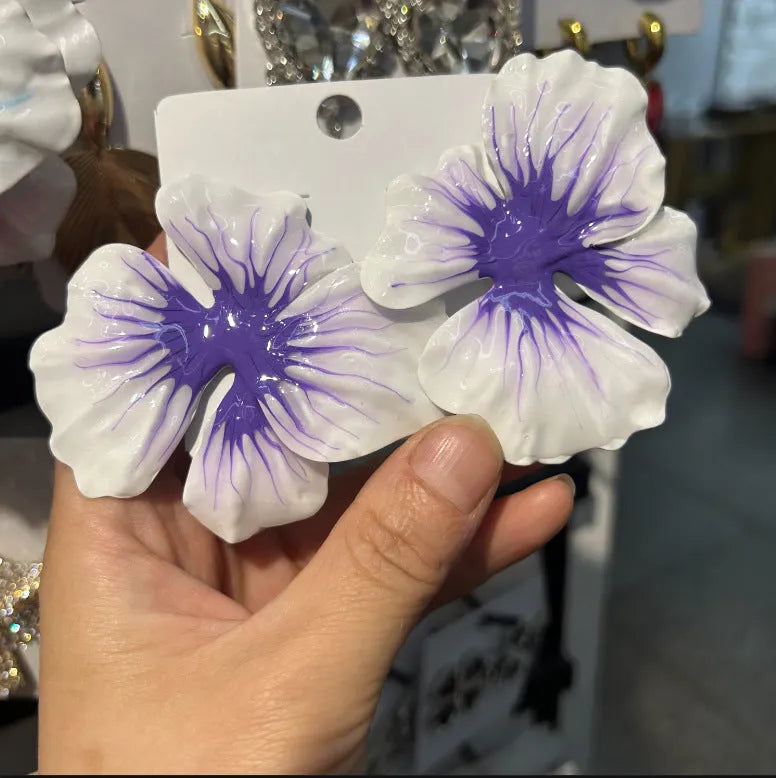 Alloy flower stud earrings with oil-spot glaze electroplating in blue, green, purple, and rose colour options