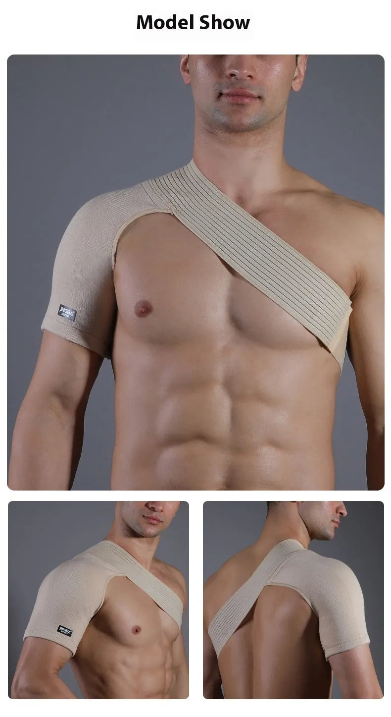 Adjustable skin-colour breathable shoulder support strap for sports like weightlifting and cycling.