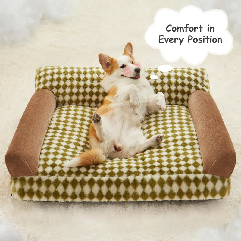 Cat couch bed and dog couch bed for small pets with removable washable cover and non-slip bottom, available in three sizes including S 48L x 37W x 23H cm, M 66L x 48W x 33H cm, and L 100L x 60W x 33H cm checkered pet sofa