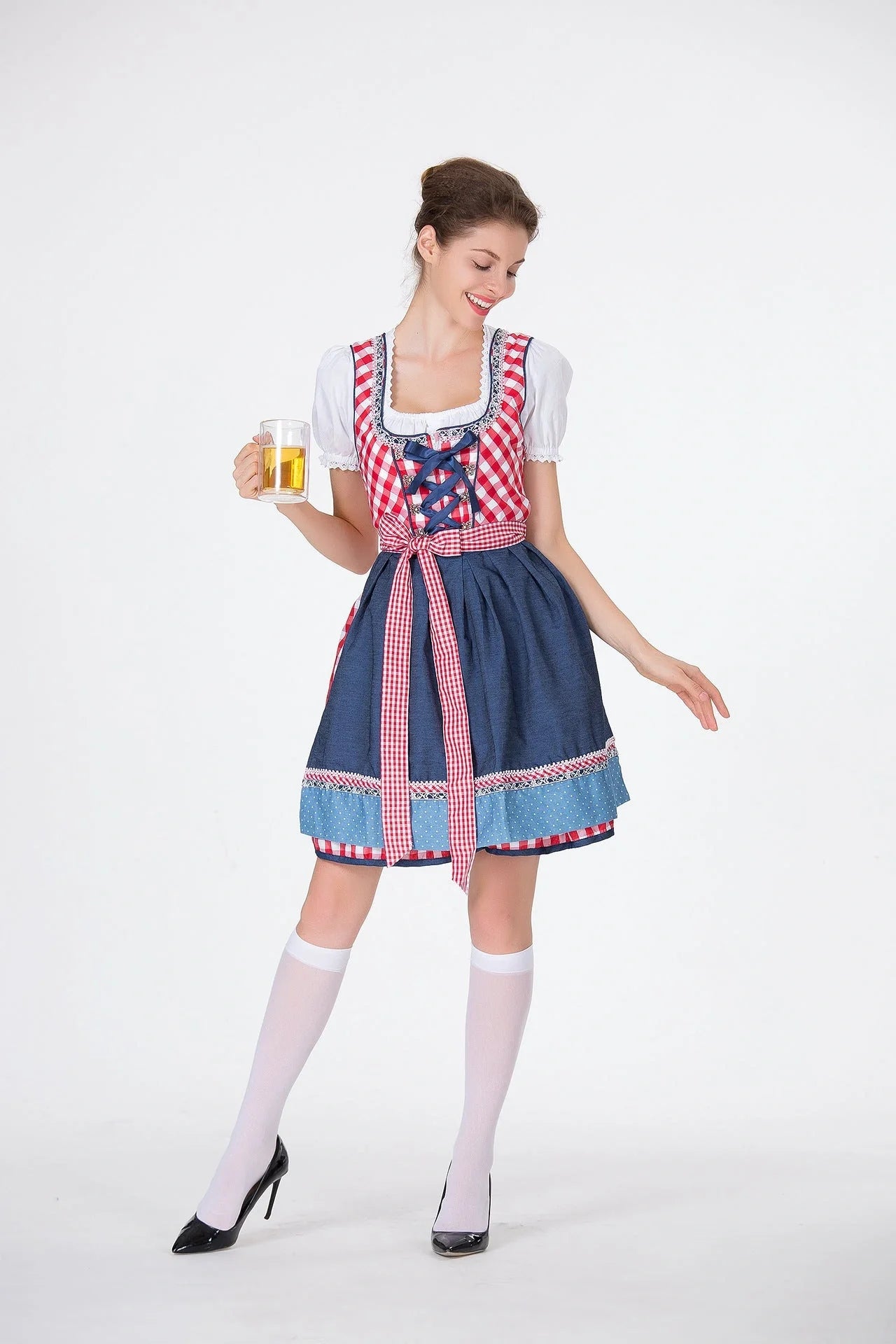 Bavarian Traditional Beer Dress in red with white apron, showcasing cultural authenticity and comfort.