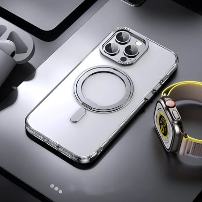 Transparent magnetic shockproof iPhone case showing integrated magnet ring and clear protective design