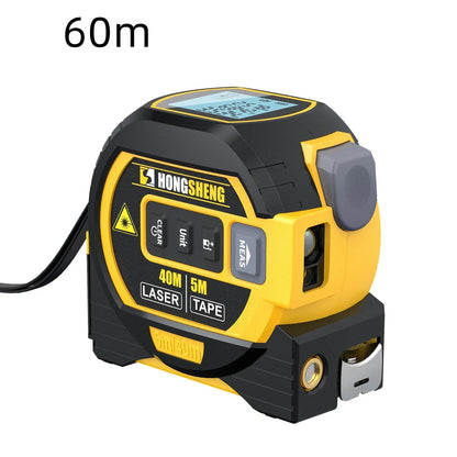 Blue and yellow laser tape measure showing laser cross projection and extended 5m steel tape