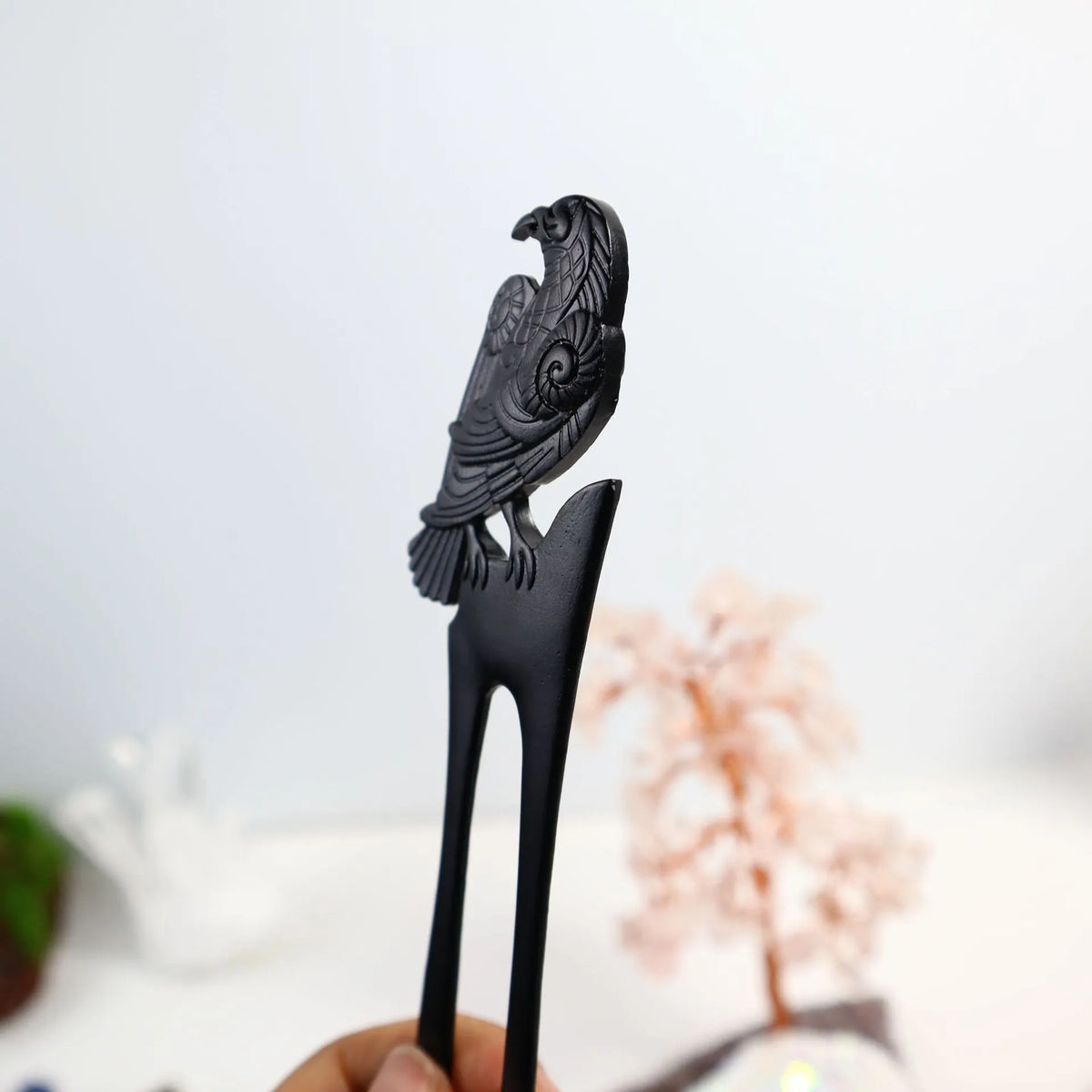 Black metal hairpin with double-sided crow carving, retro style, 16cm length