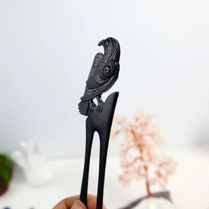 Black metal hairpin with double-sided crow carving, retro style, 16cm length