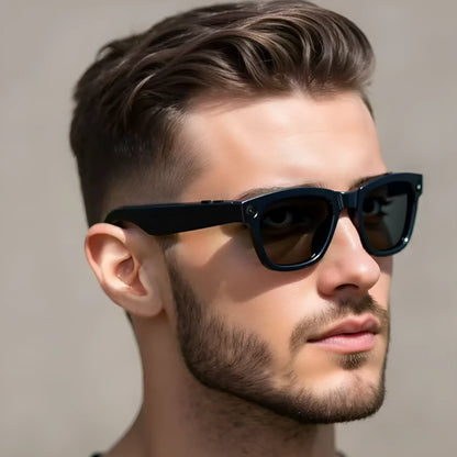 M01 AI translation video glasses with HD camera, shown with black and transparent lens options.