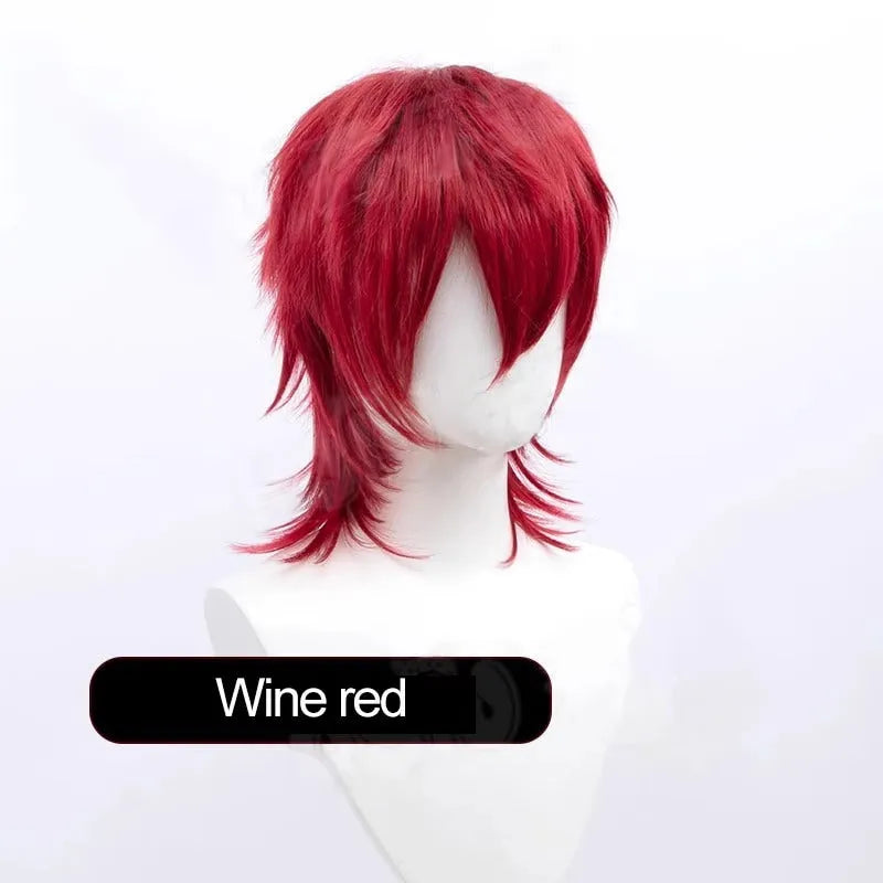 Short-length anime cosplay wig in high-temperature fibre on a stand.