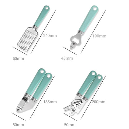 Nine-piece kitchen utensil set with stainless steel heads and plastic handles in four colour variations