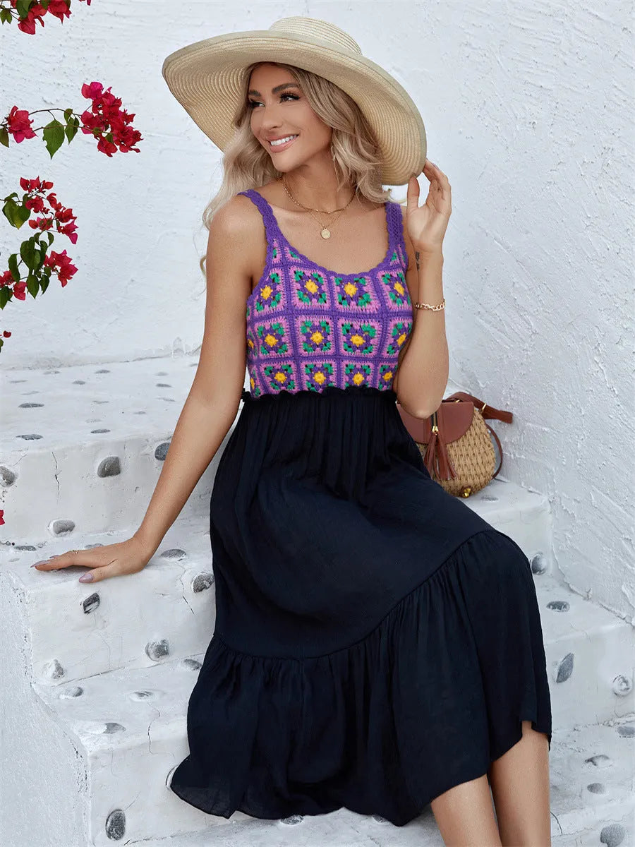 Purple sleeveless dress with hand-hooked floral stitching, cotton blend fabric, and free-size fit for women